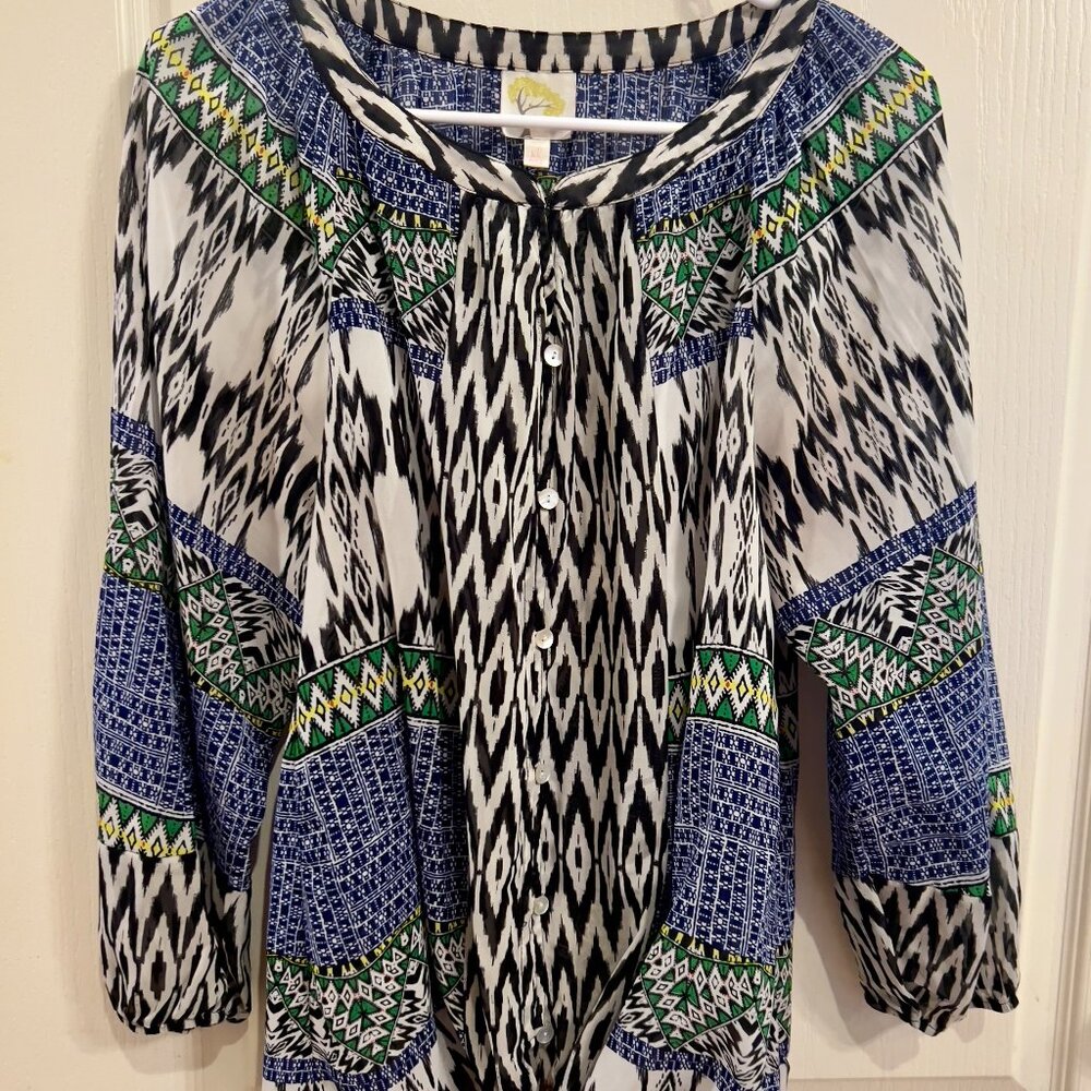 fig and flower Black, White, Blue and Green Printed Peasant Blouse